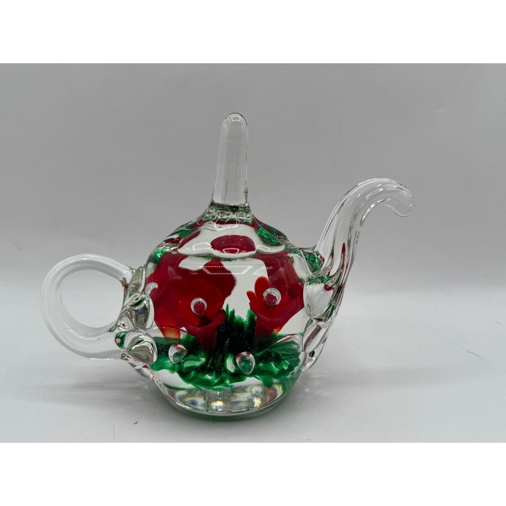 Joe Rice Glass Teapot Red Rose Green Leaf Paperweight 2002 Signed Ring Holder